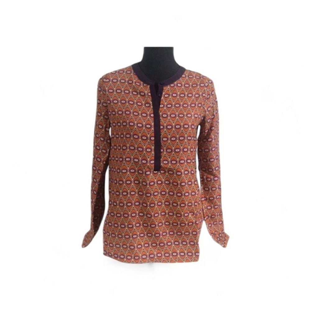 2/$10 Sabine Blouse Quarter Button Up Long Sleeve Printed Top Mauve Purple Sz XS